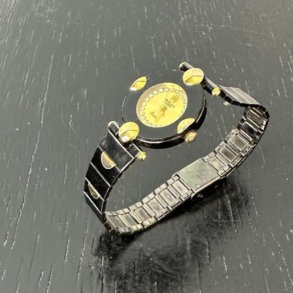 Designer Womens Gold Rhinestones Stainless Steel Black Watch